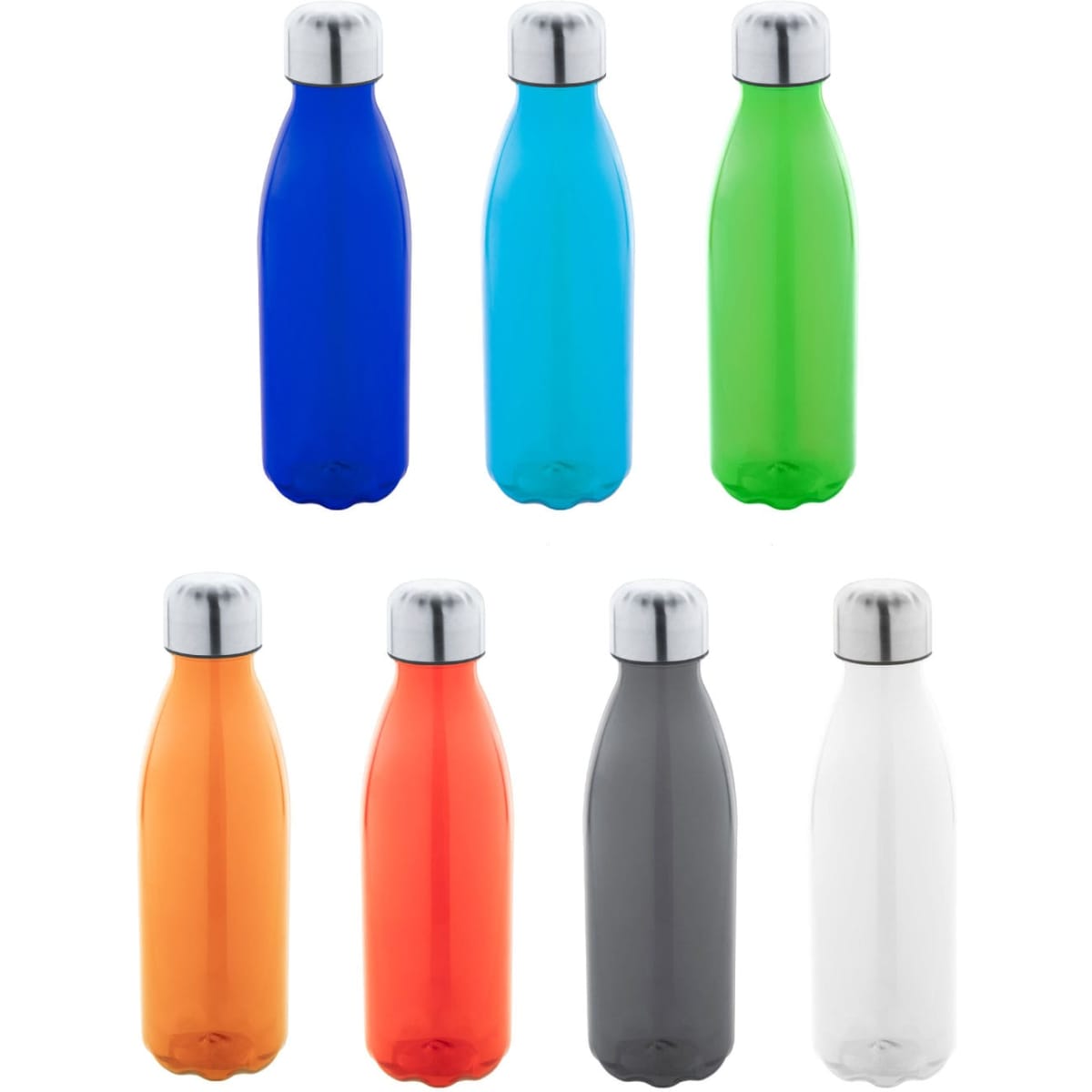 A drink bottle collection featuring blue, aqua, green, orange, red, grey, and white finishes with metallic silver lids.