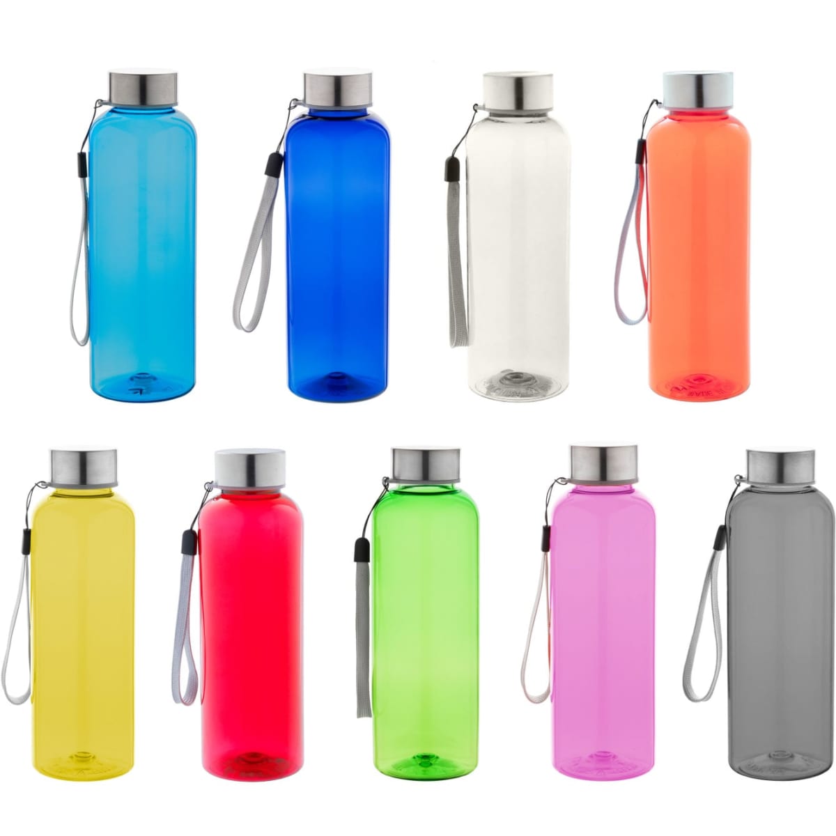 A drink bottle collection featuring blue, clear, orange, yellow, green, pink, and grey designs, each with a silver cap and strap.