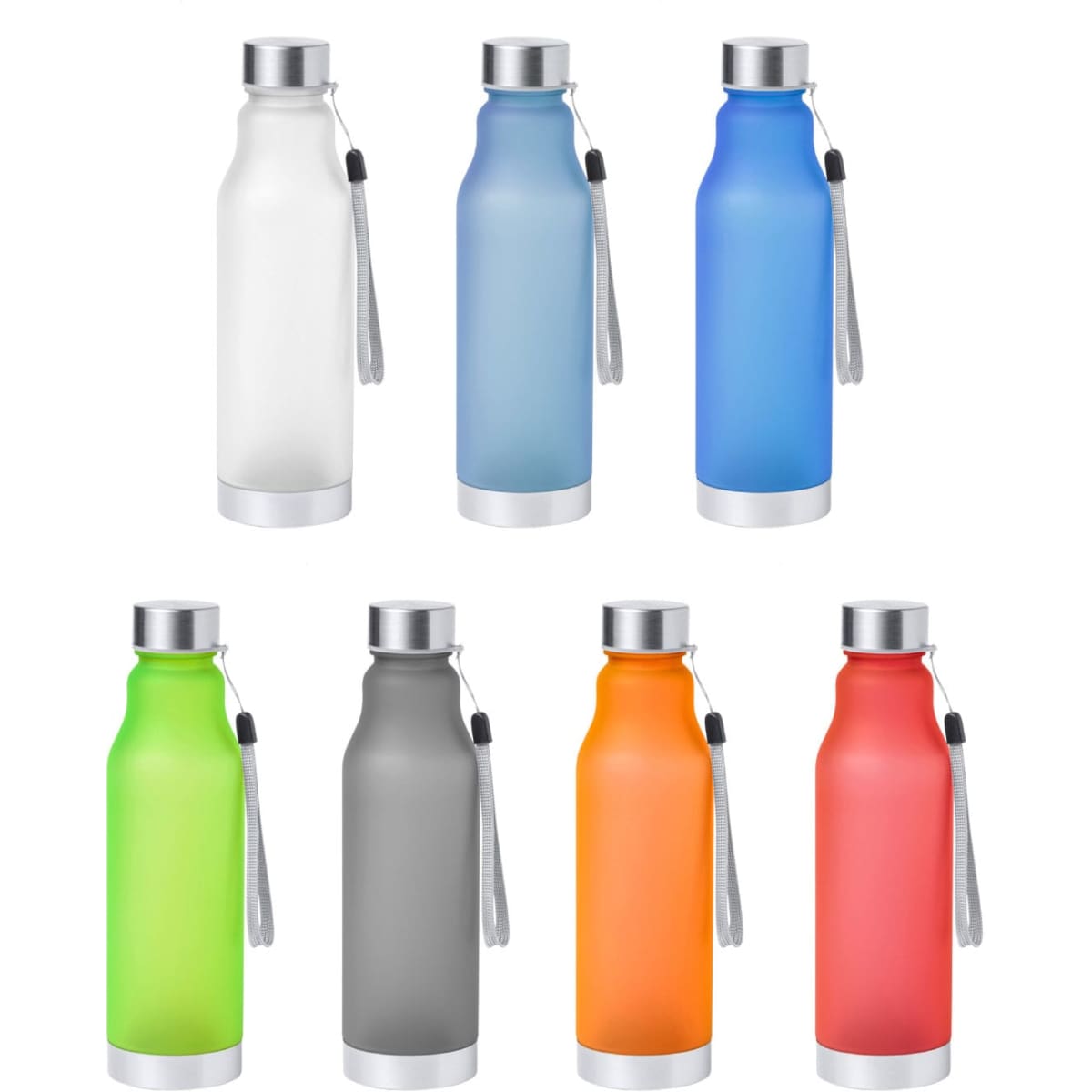 A drink bottle collection in white, blue, green, grey, orange, and red, with silver metal caps and carrying straps.