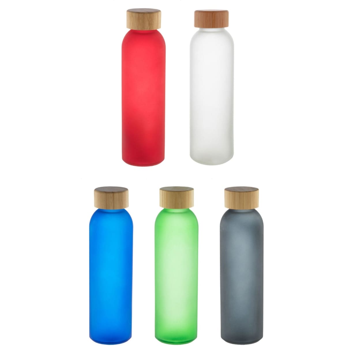 A drink bottle collection featuring frosted glass in red, white, blue, green, and grey with bamboo lids.