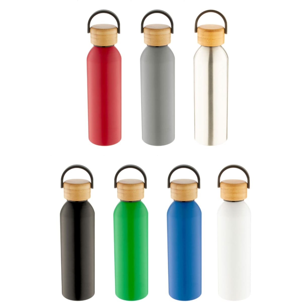 A drink bottle collection featuring red, grey, silver, black, green, blue, and white aluminium bottles with wooden lids and logos.