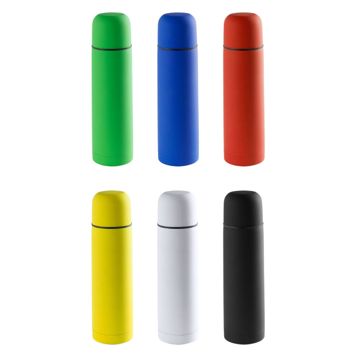 A drink bottle set featuring vacuum flasks in green, blue, red, yellow, white, and black. Each has a logo.