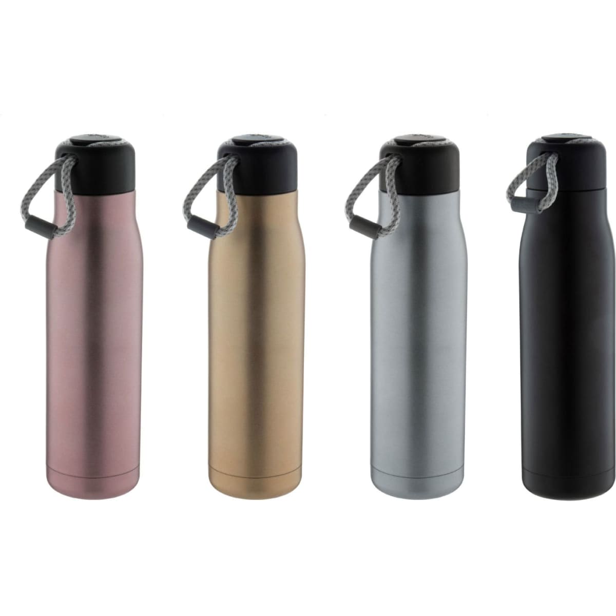 A drink bottle set featuring four vacuum flasks in rose pink, gold, silver, and black, each with a handle and lid.