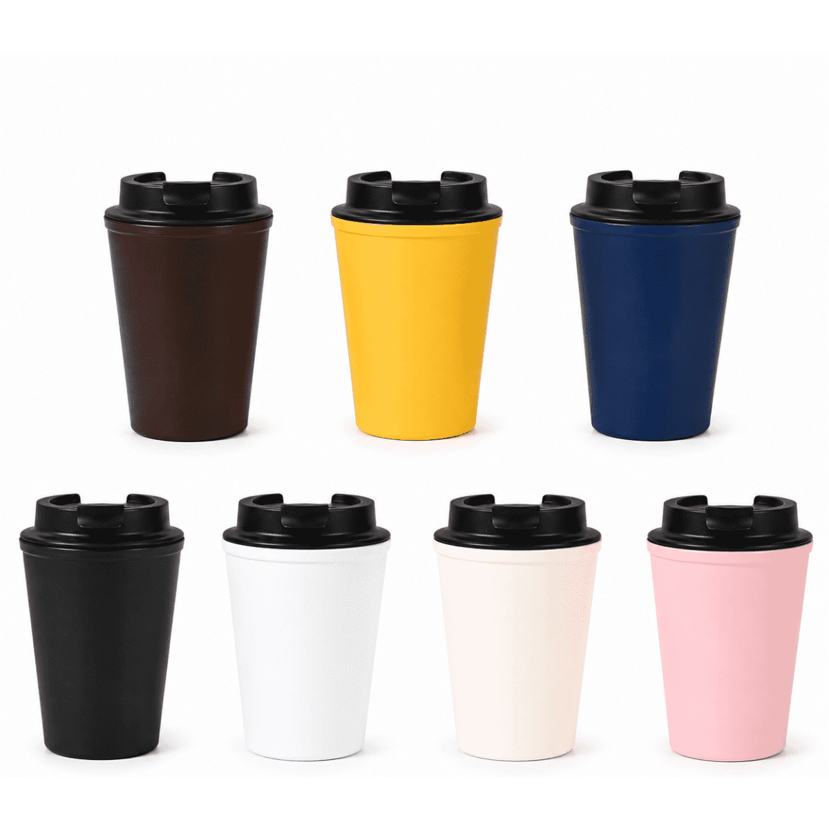 A drink bottle set featuring black, brown, yellow, navy, white, pink, and cream thermo cups with black lids and a logo.