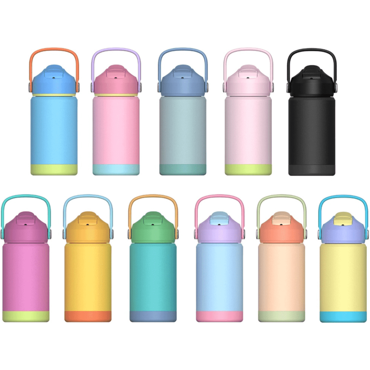 A drink bottle collection features various pastel and vibrant colours, including pink, green, blue, and black, with handles and logos.