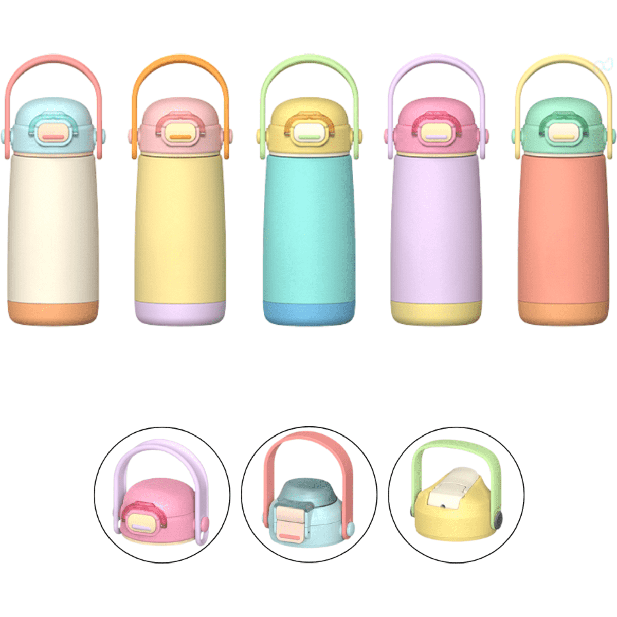 A drink bottle set featuring five pastel-coloured stainless steel bottles with removable lids and handles. Each bottle has a logo.