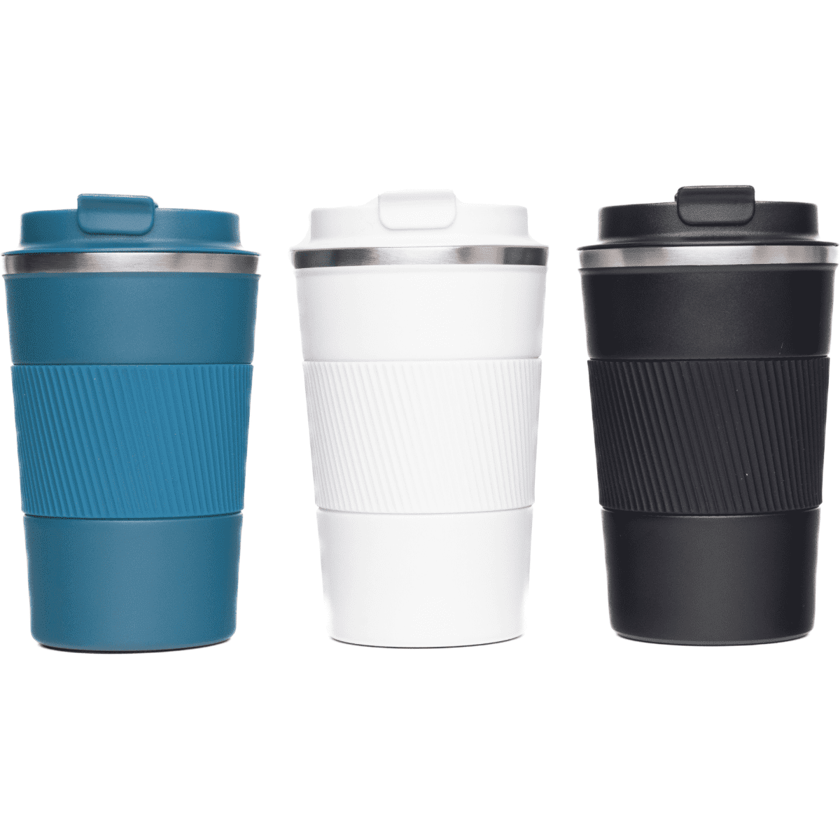 Three reusable coffee cups in teal, white, and black, each with a silicone grip and a lid, featuring branding.