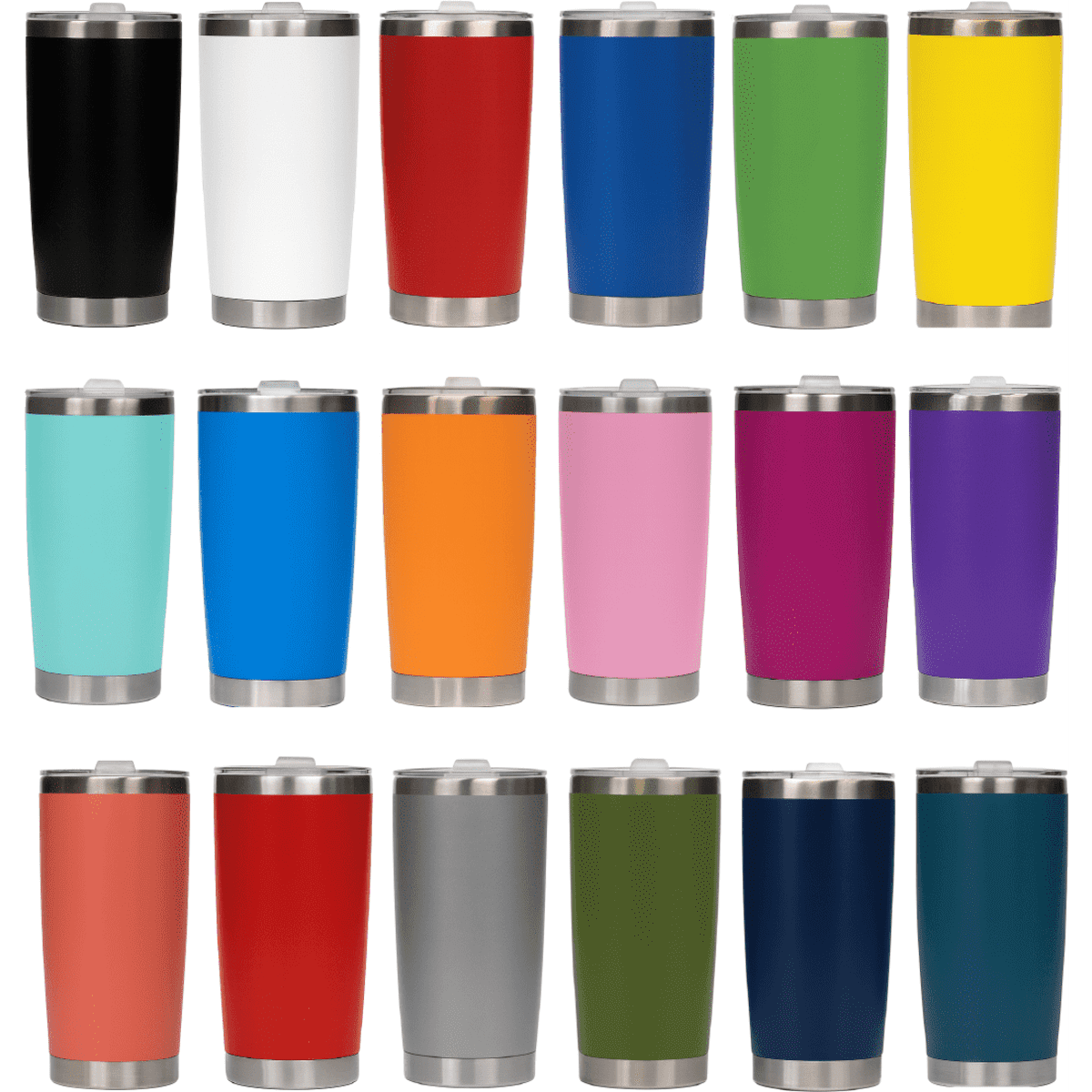 A drink bottle featuring various coloured stainless steel cups with a silver rim and a logo on each.