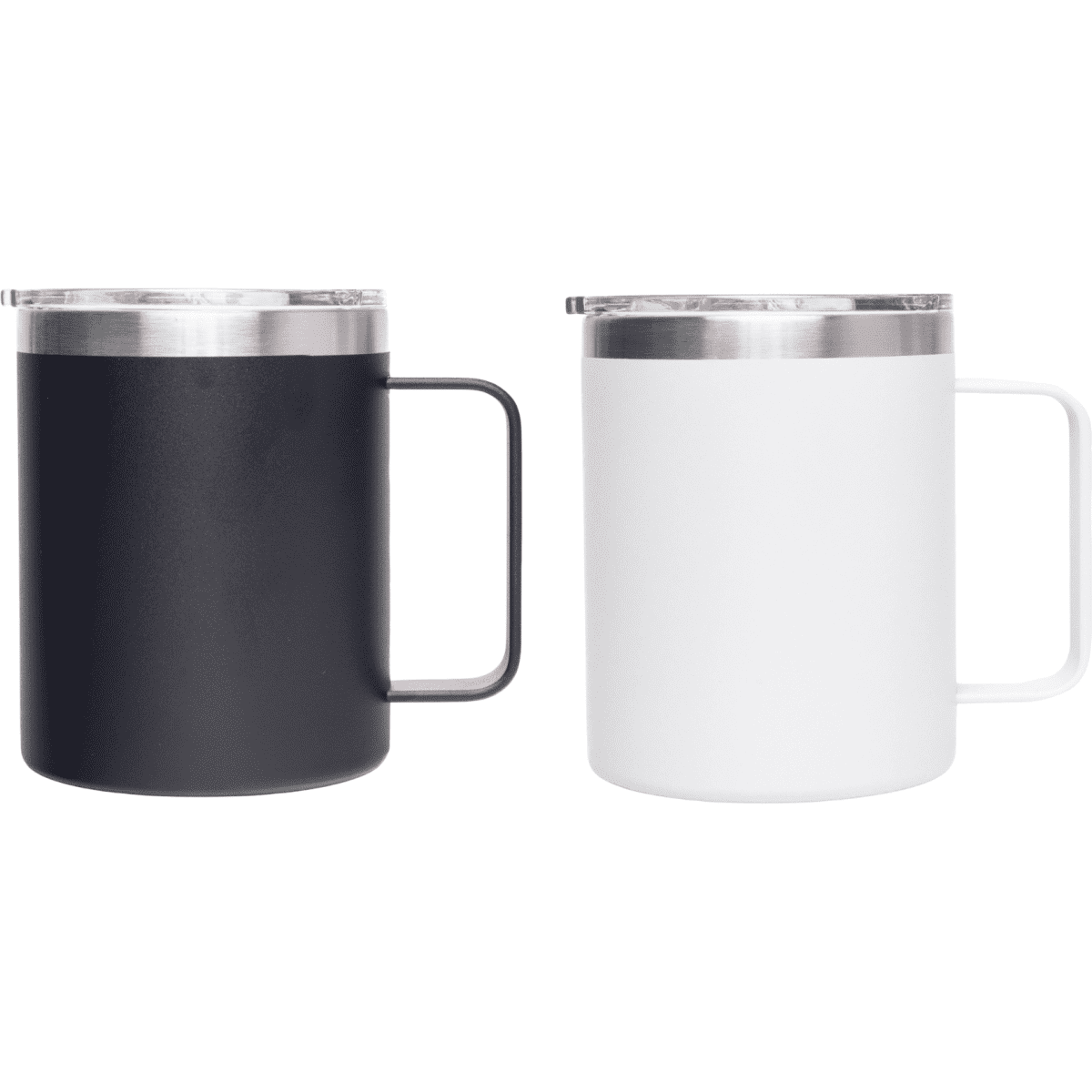 A drinkware set featuring two 350ml coffee mugs, one black and one white, each with a stainless steel lid and handle.