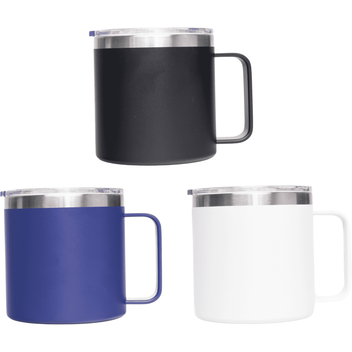 A 400ml coffee mug set featuring black, blue, and white colours, with a metal lid and handle. Each mug has branding.