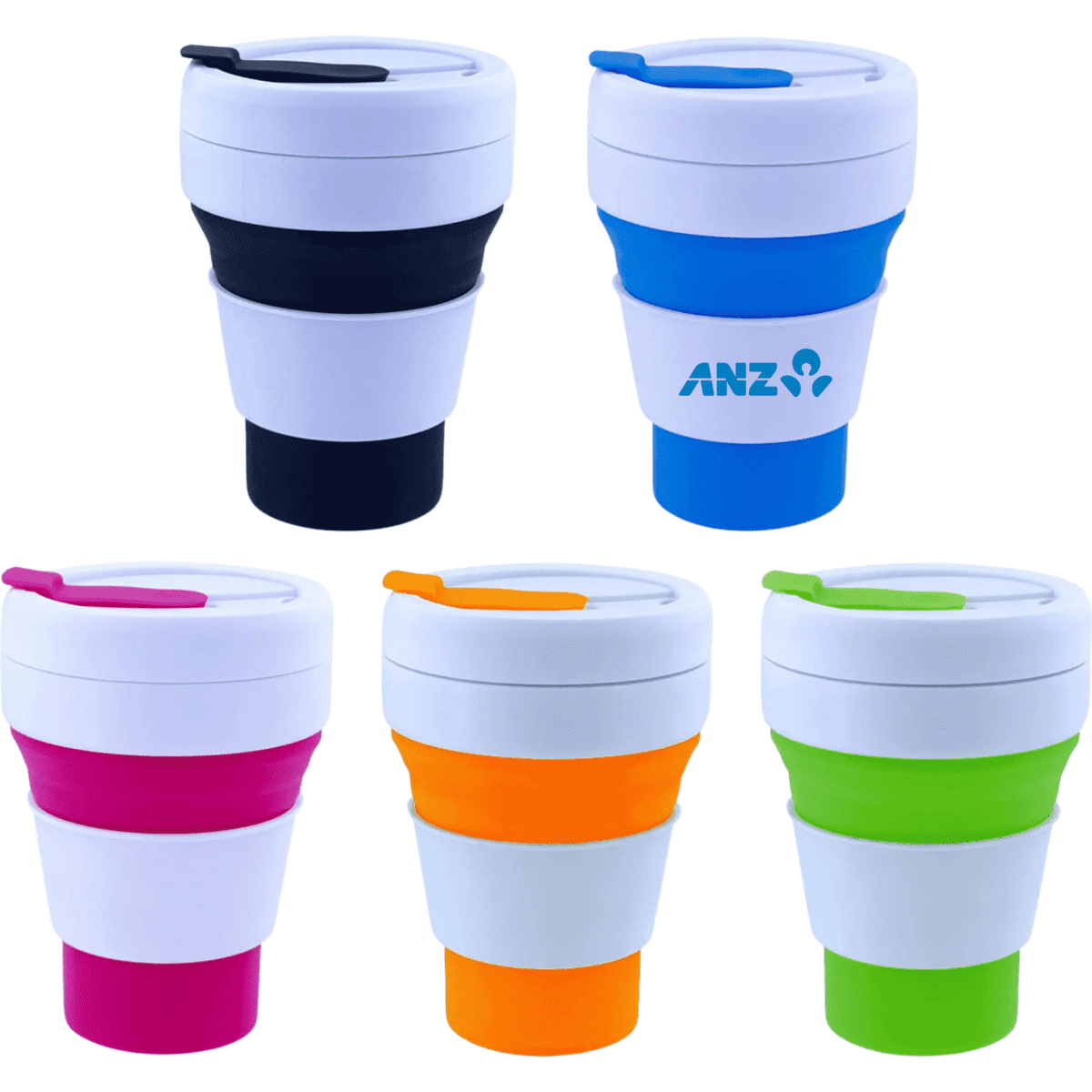 A set of five collapsible silicone cups in black, blue, orange, green, and pink, each with a white lid and logo.