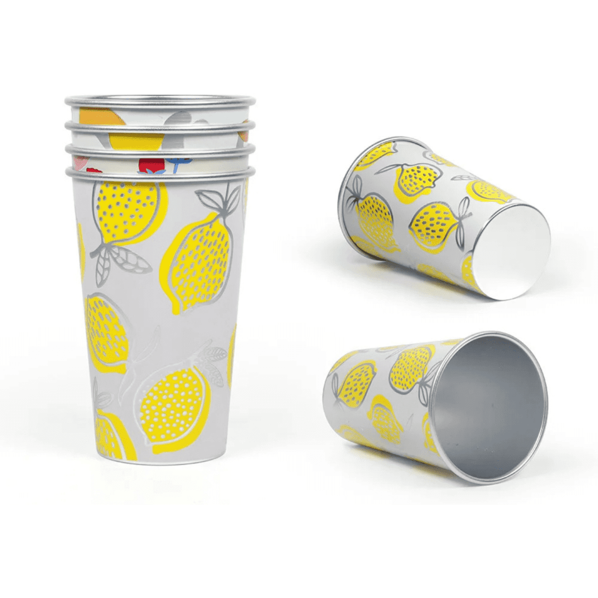 A collection of yellow and grey lemon-patterned cups stacked and positioned at various angles. Each cup has a metallic finish and a logo.