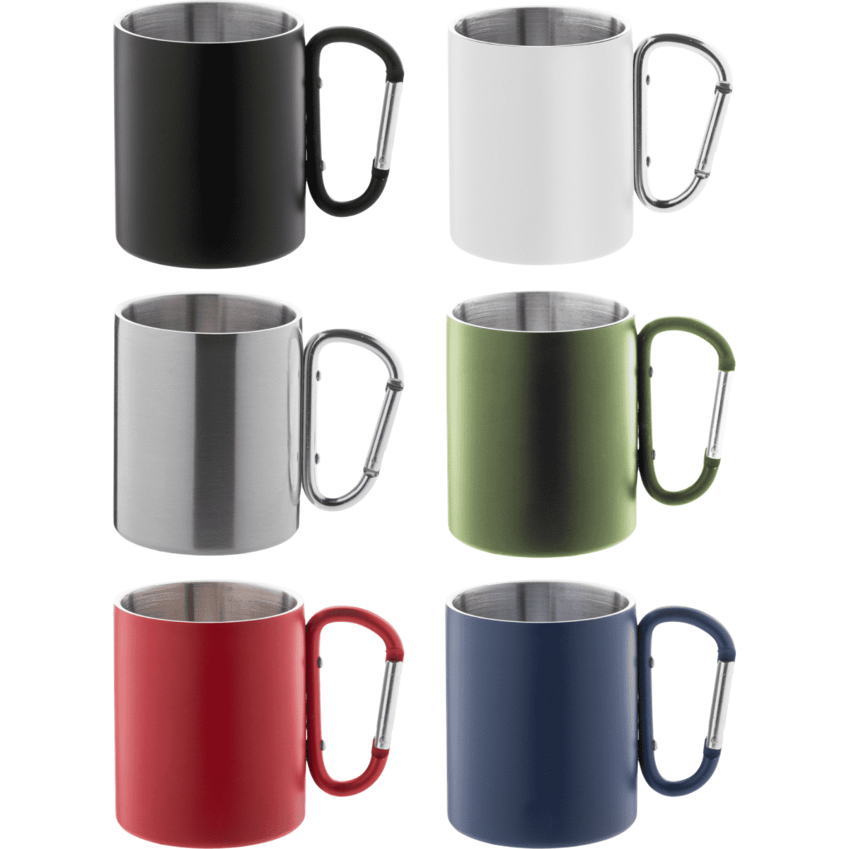 A drink bottle featuring a stainless steel interior with a carabiner handle in black, white, silver, green, red, and blue.