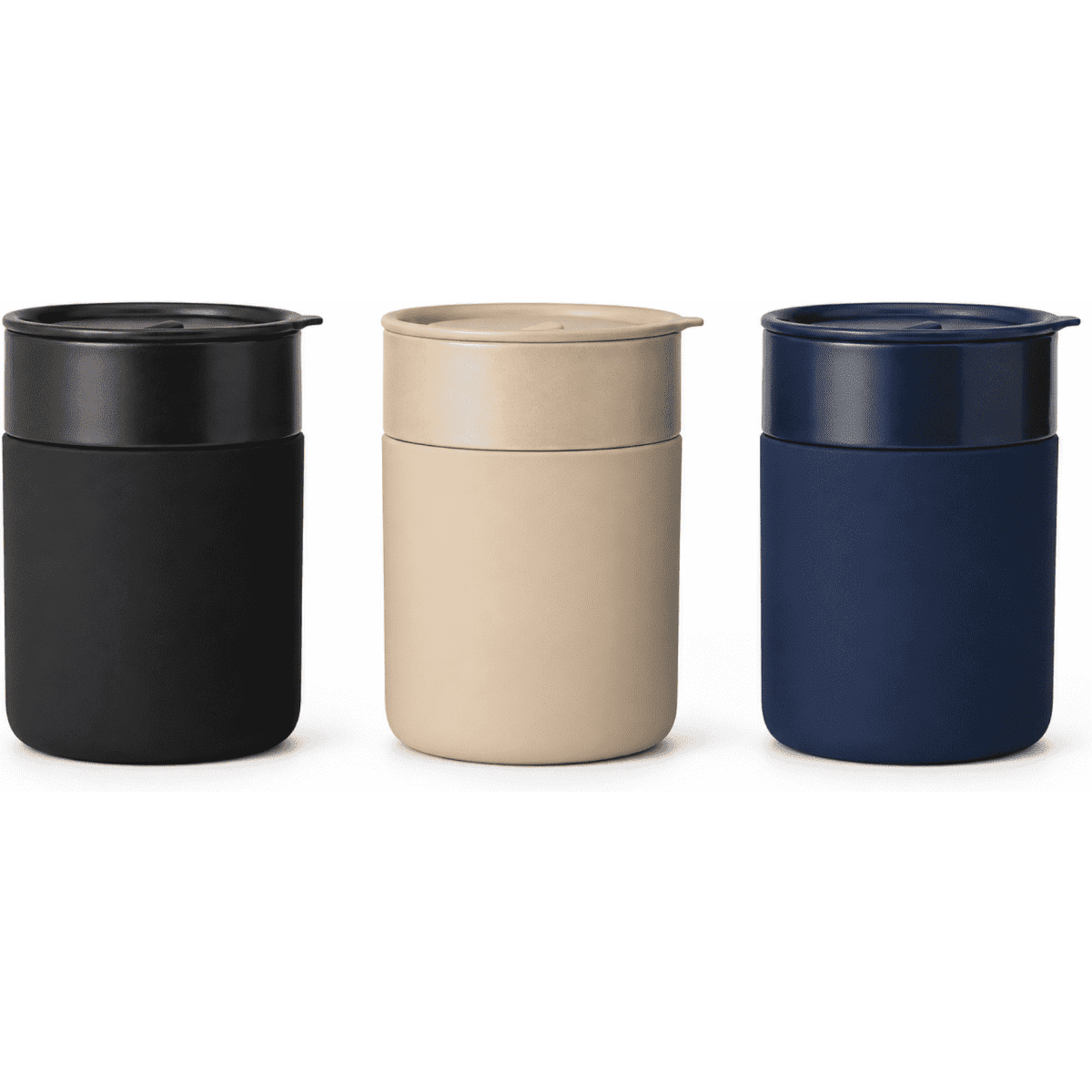 A drinkware set featuring three ceramic coffee cups in black, beige, and navy, each with a lid.