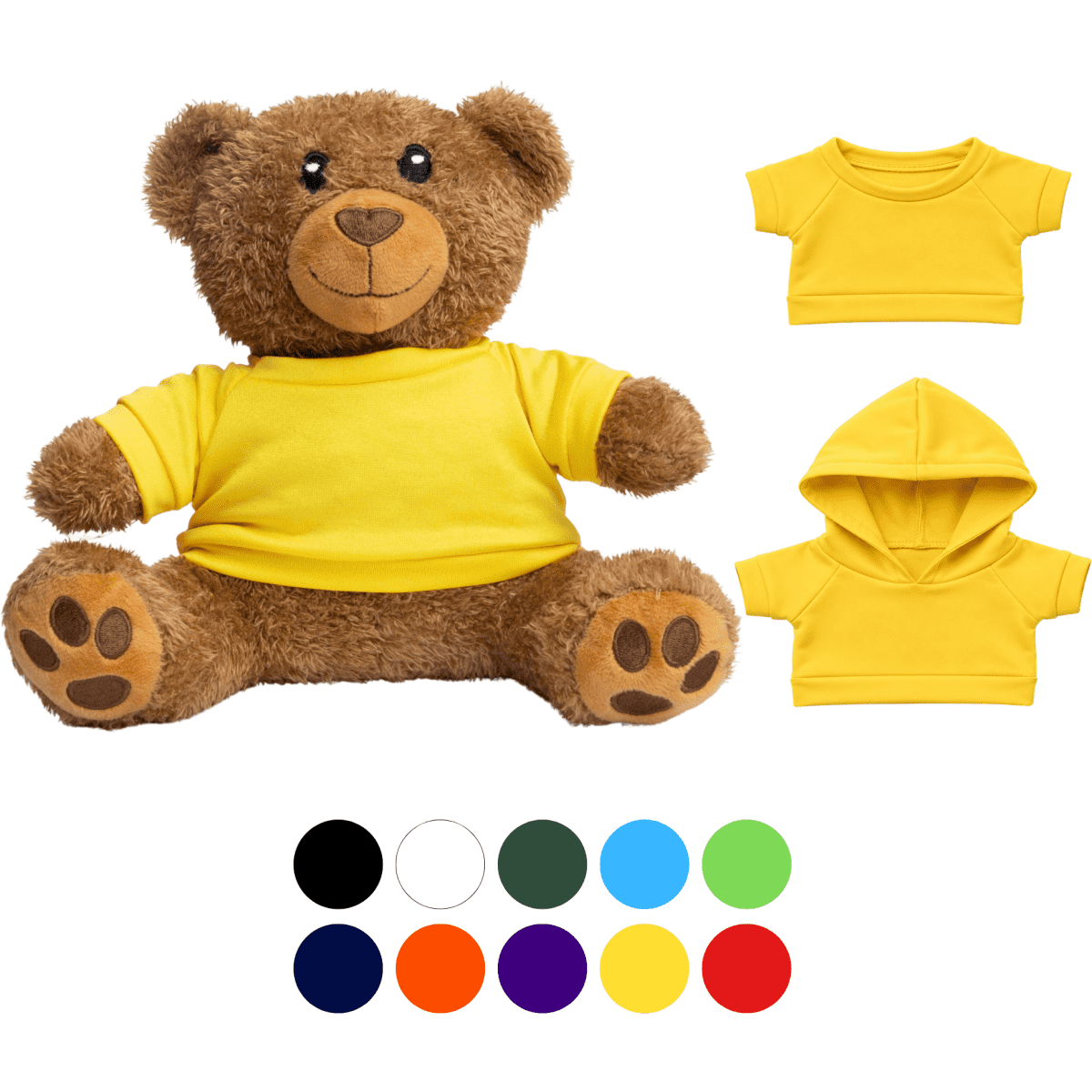 A plush teddy bear in brown with a yellow T-shirt, accompanied by interchangeable outfits in various colours.