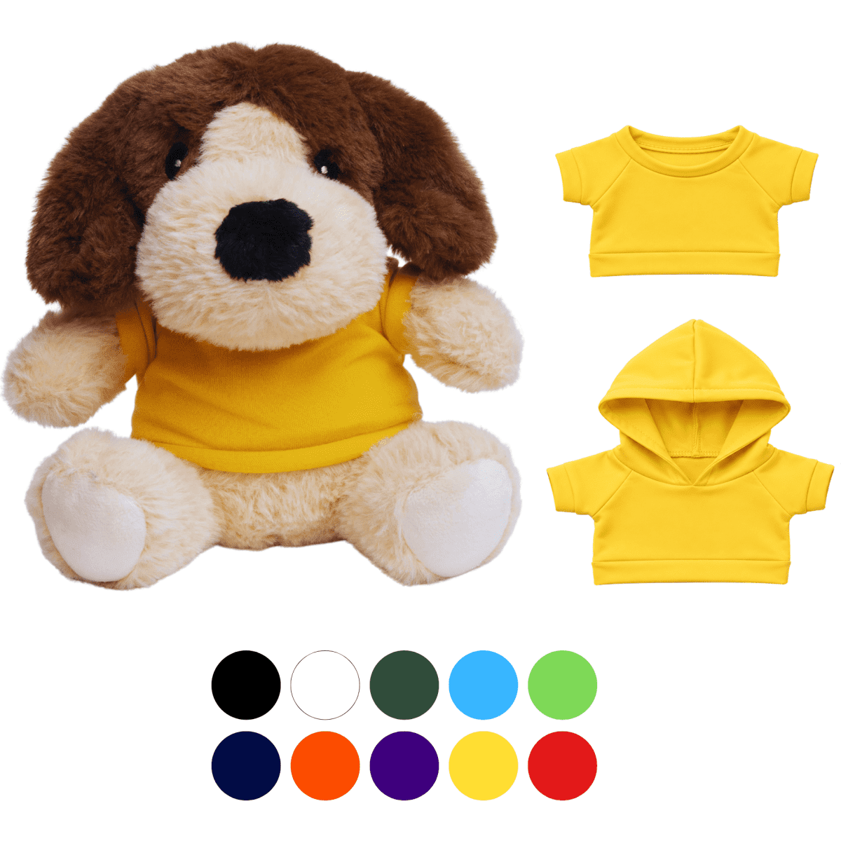 A brown and cream plush dog toy wearing a yellow T-shirt, accompanied by two additional yellow outfits.