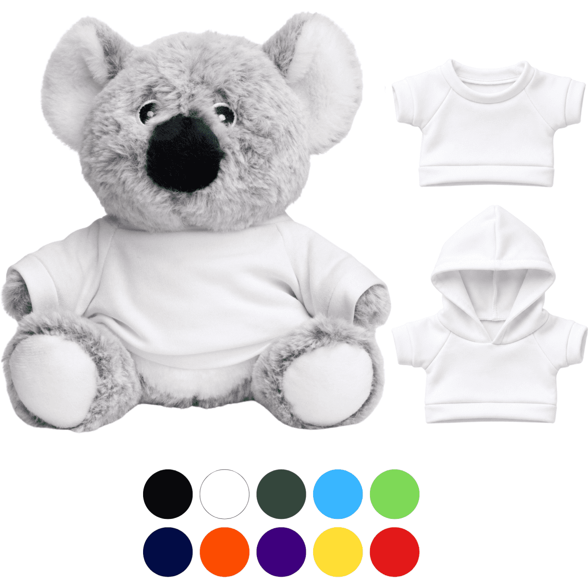 A grey koala plush toy with a black nose, featuring two white clothing options and a colour palette below.