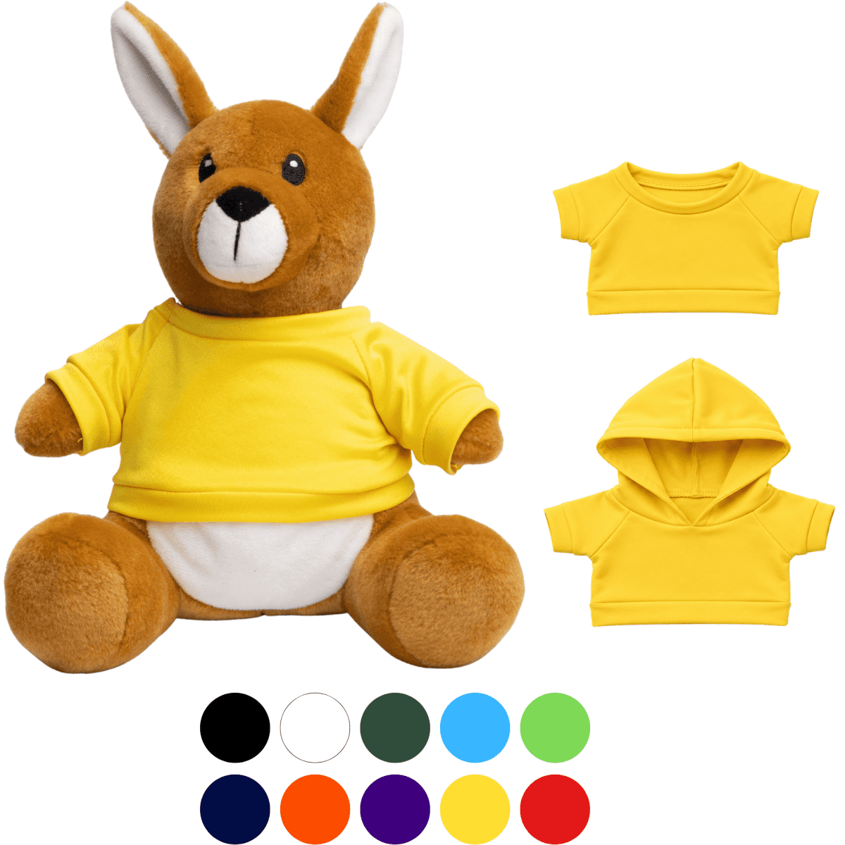A brown kangaroo plush toy wearing a yellow top, with two additional clothing options in various colours.