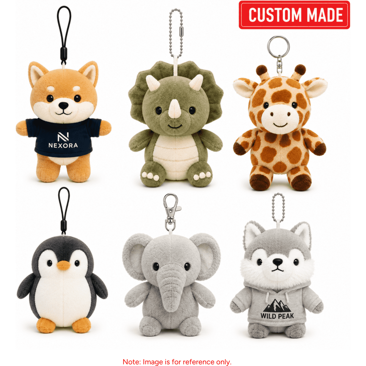 A selection of six cute plush animal keyrings, including a penguin, elephant, giraffe, and wolf, in various colours.
