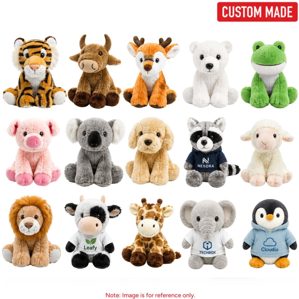A variety of cute plush toys in different animal designs, including a tiger, pig, koala, and penguin, featuring various colours.