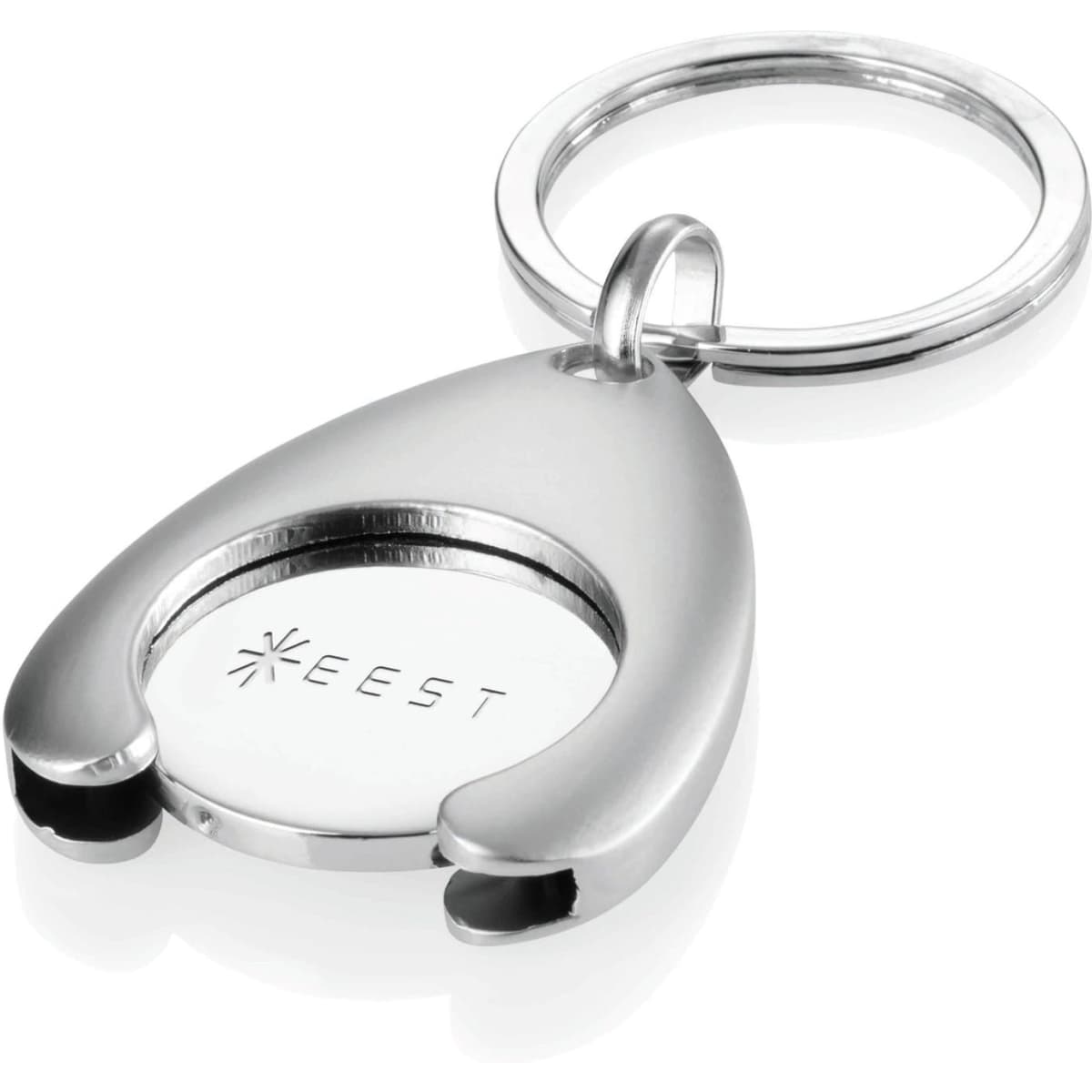 A silver metal keyring featuring a circular shopping trolley coin holder and a logo on the surface.