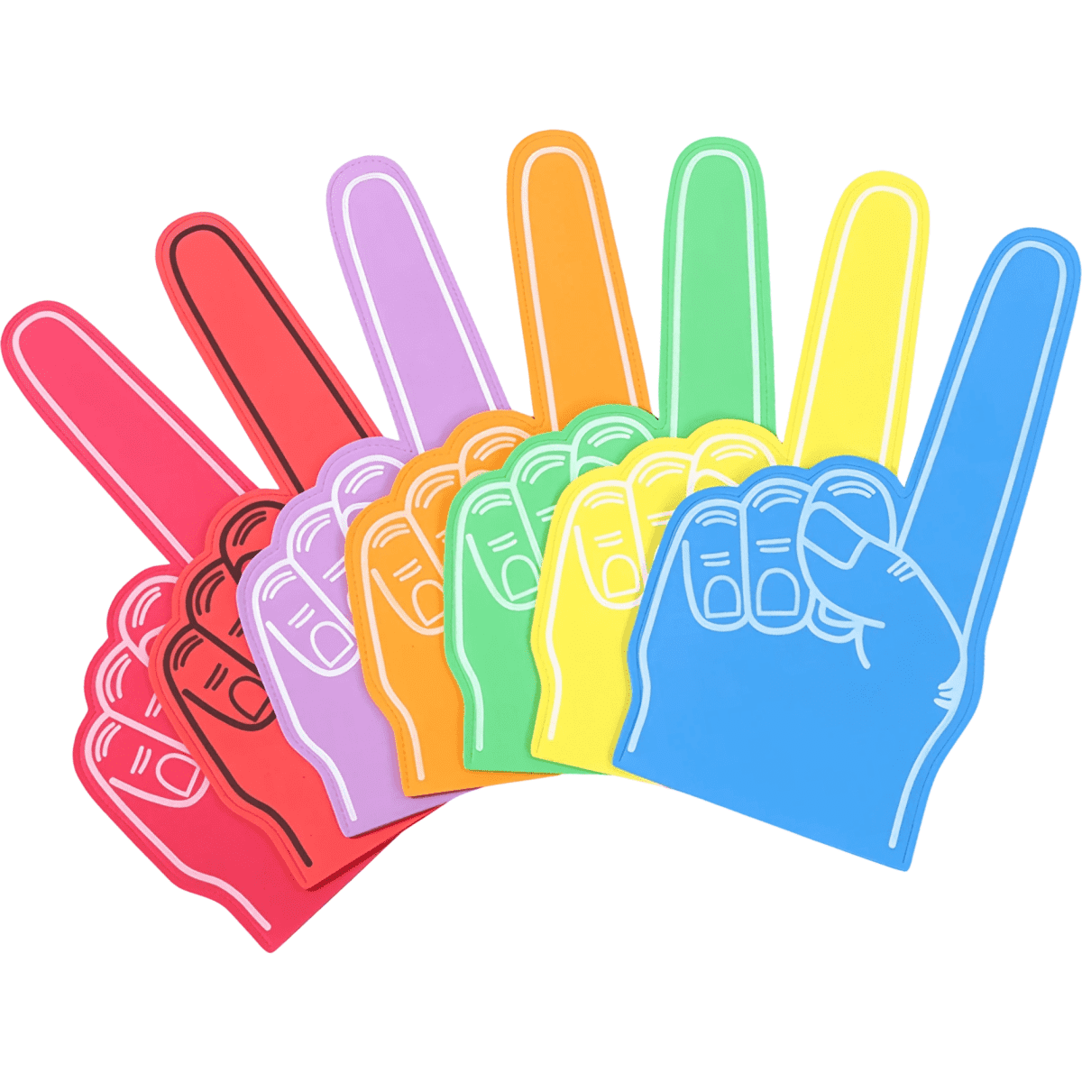 A set of EVA foam supporters' hands in red, pink, purple, orange, yellow, and blue, arranged in a row.
