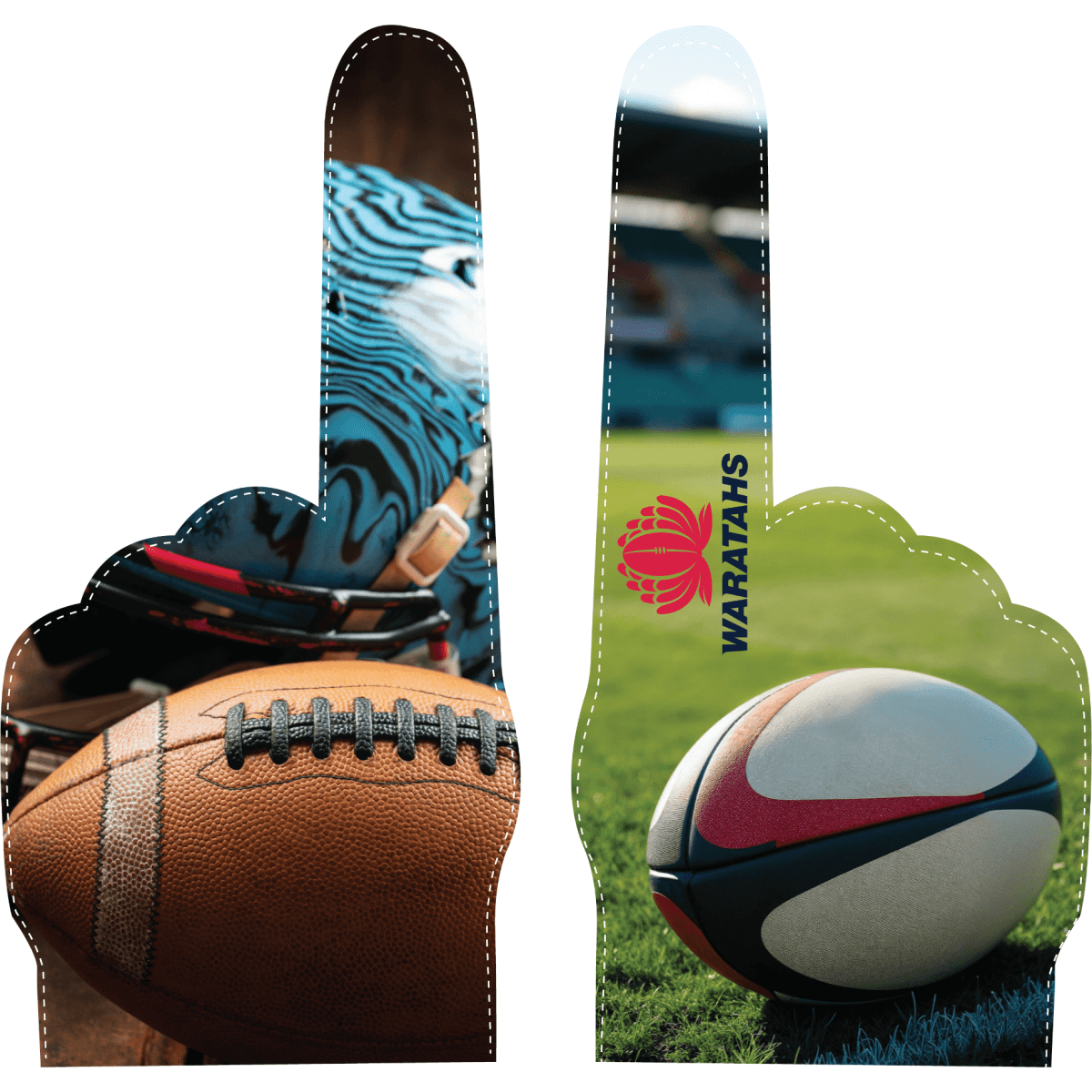 A pair of full colour EVA foam supporters' hands featuring rugby balls and a logo. Dominant colours include blue, orange, and white.