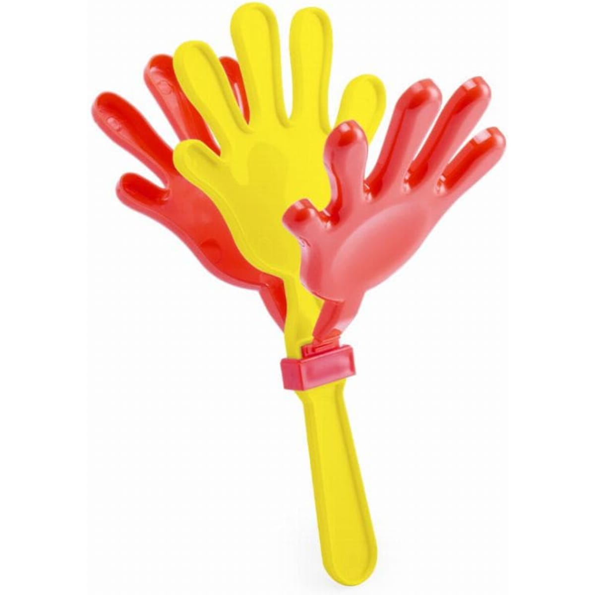 A hand clapper featuring red and yellow plastic hands on a yellow handle. It has a simple design with three clapping hands.