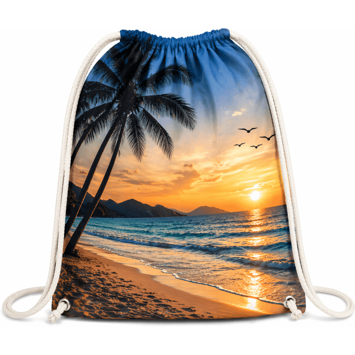 A drawstring backpack featuring a beach sunset design with palm trees, ocean waves, and birds, in vibrant colours.