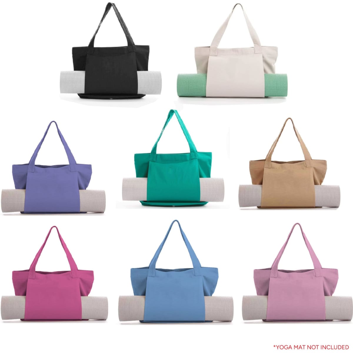 A collection of canvas bags in black, cream, teal, purple, beige, green, pink, and blue, holding a rolled yoga mat.