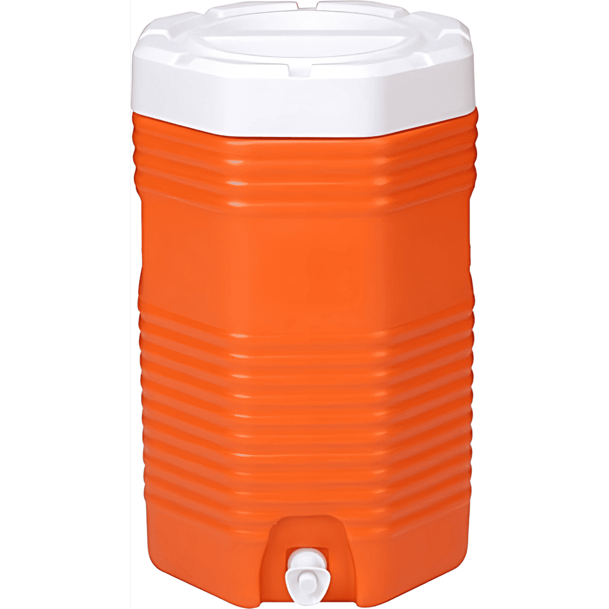 An orange water dispenser cooler box with a white lid and a tap at the bottom, featuring a logo.