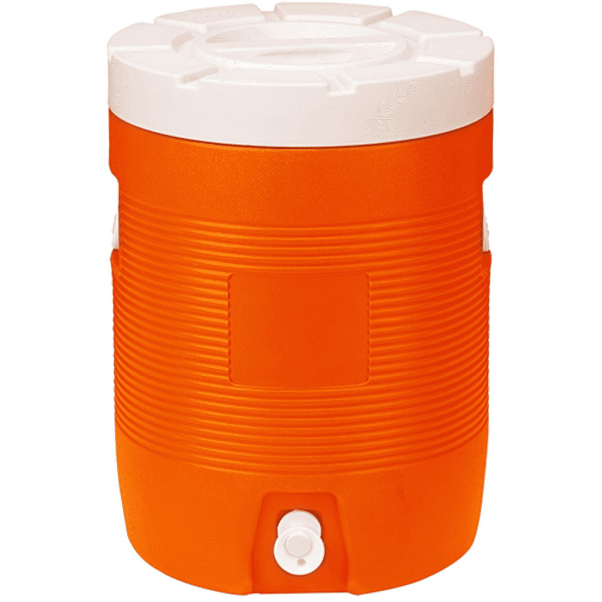 An orange 28L water dispenser cooler box with a white lid and a spout at the bottom. It has a logo on the side.