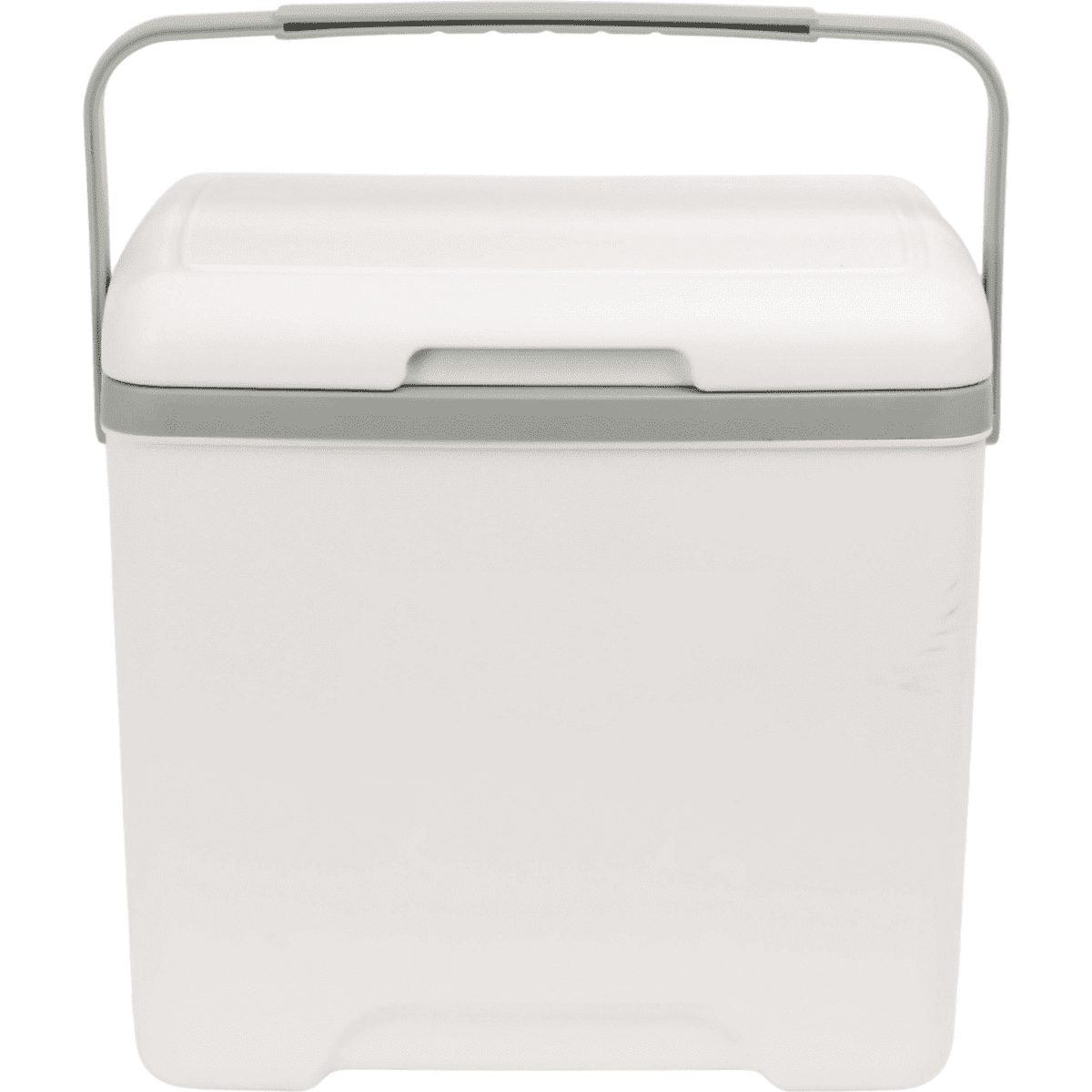 A portable 13L cooler box in white with a grey handle, featuring a simple design and sturdy construction.