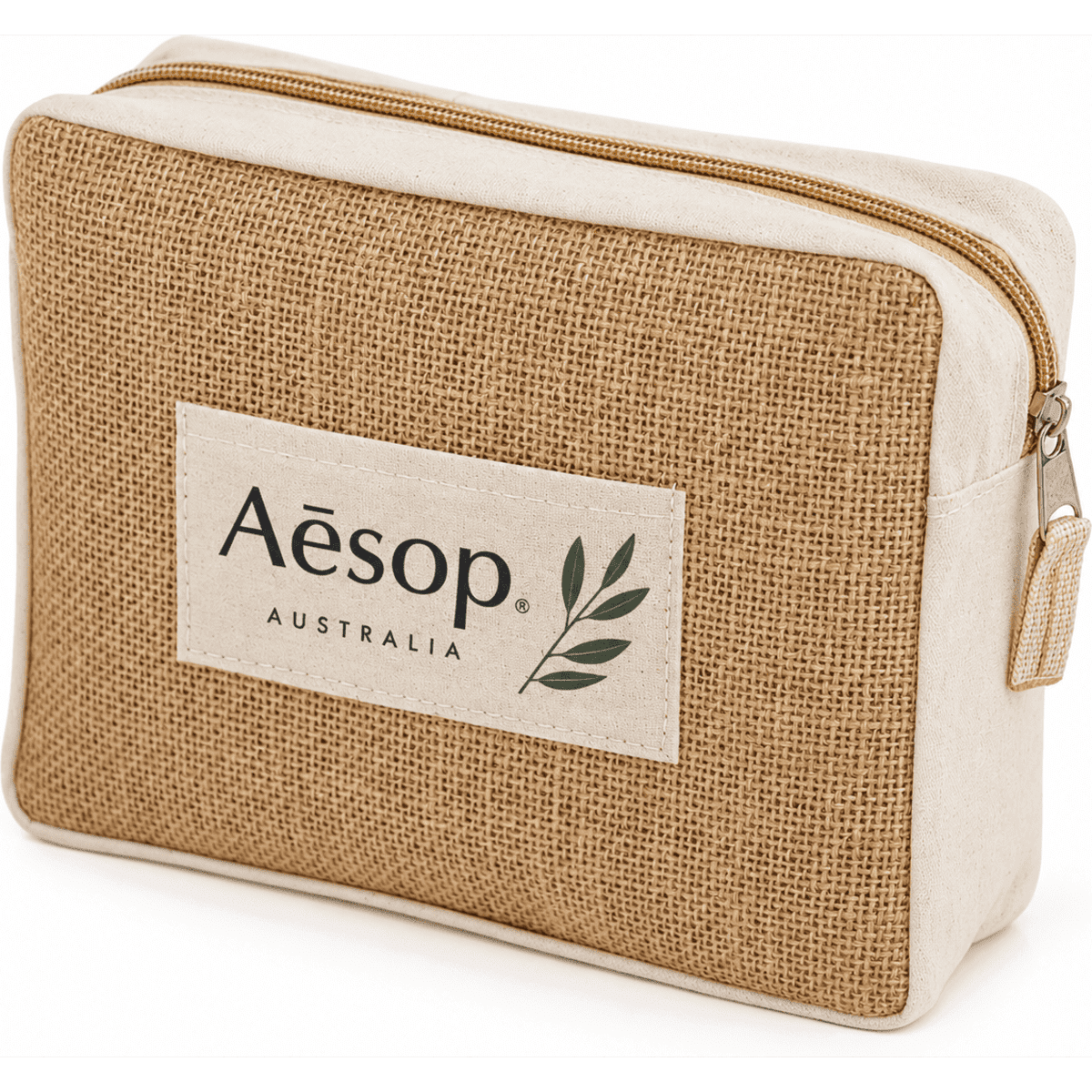 A jute cosmetic bag with a beige canvas front and a zipped closure, featuring a logo.