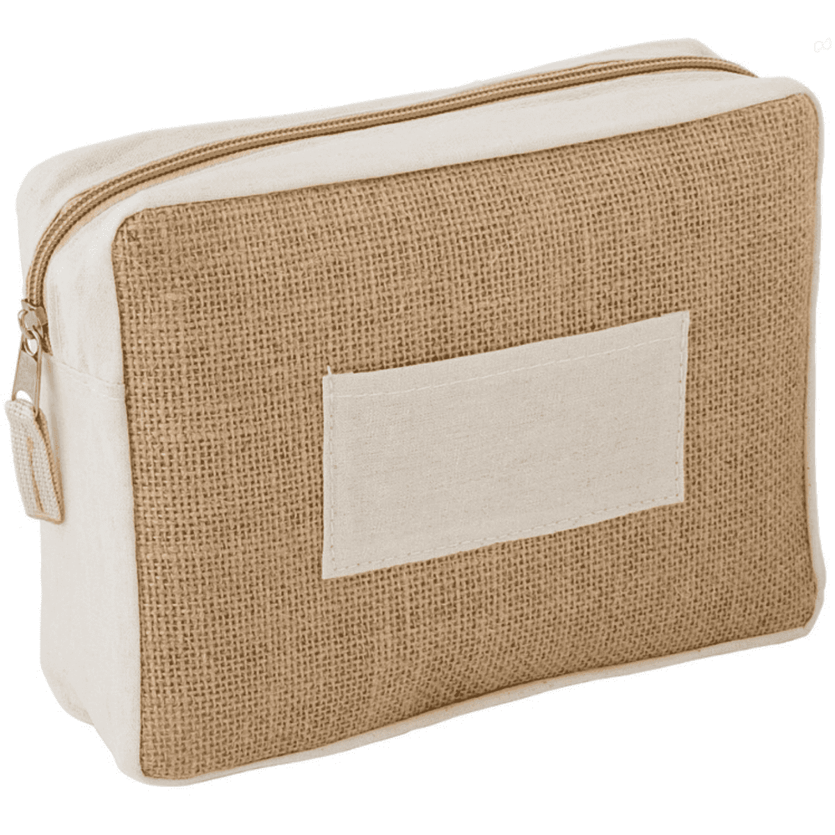 A jute cosmetic bag featuring a natural jute front and a cream canvas back, complete with a zipper and branding.