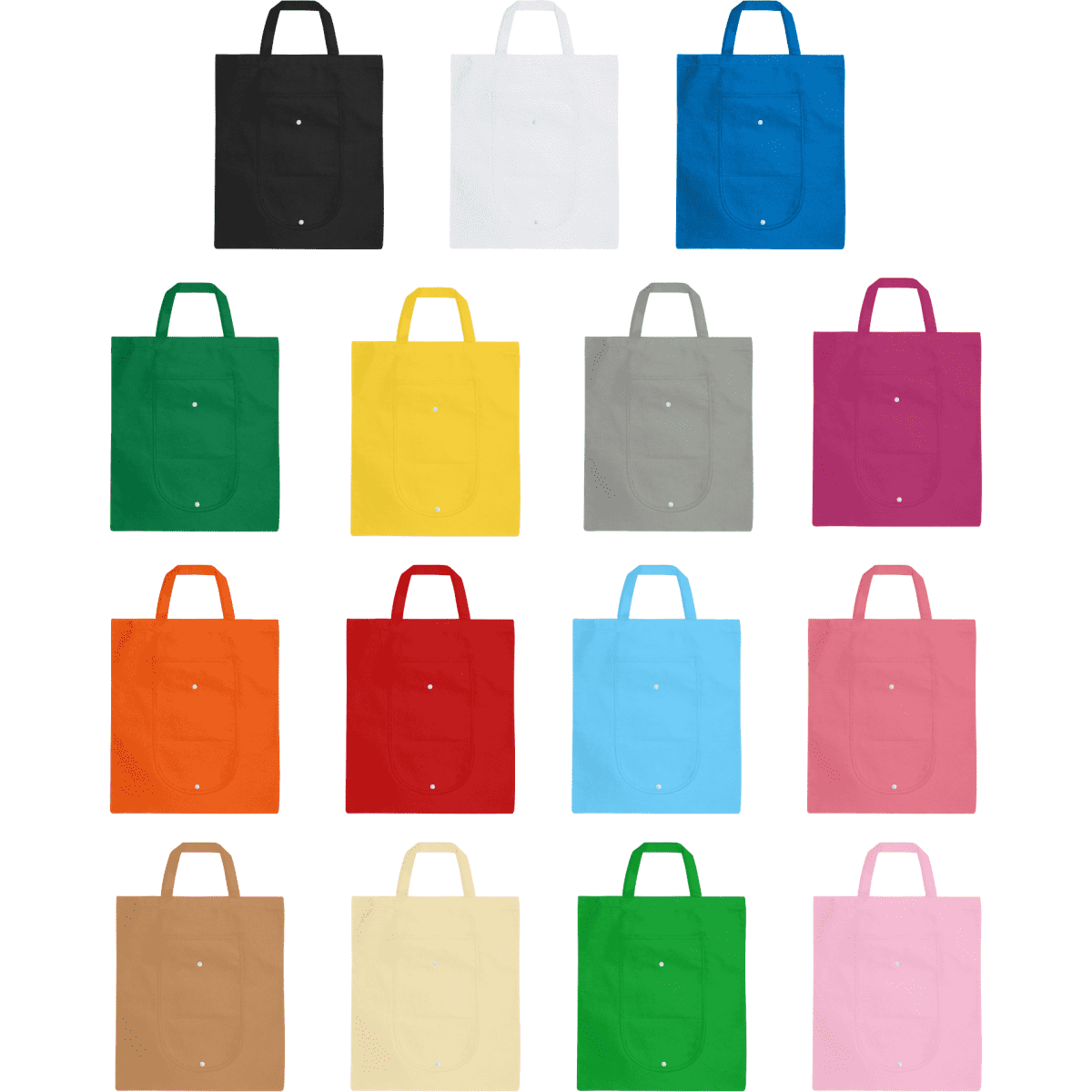 A collection of foldable non-woven shopping bags in various colours, including black, white, yellow, orange, and pink, with handles.