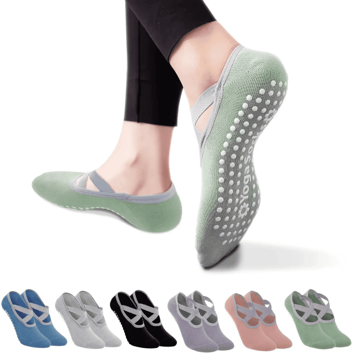 Snazzy Yoga Socks in a variety of colours, featuring a non-slip sole and a stylish design with straps.