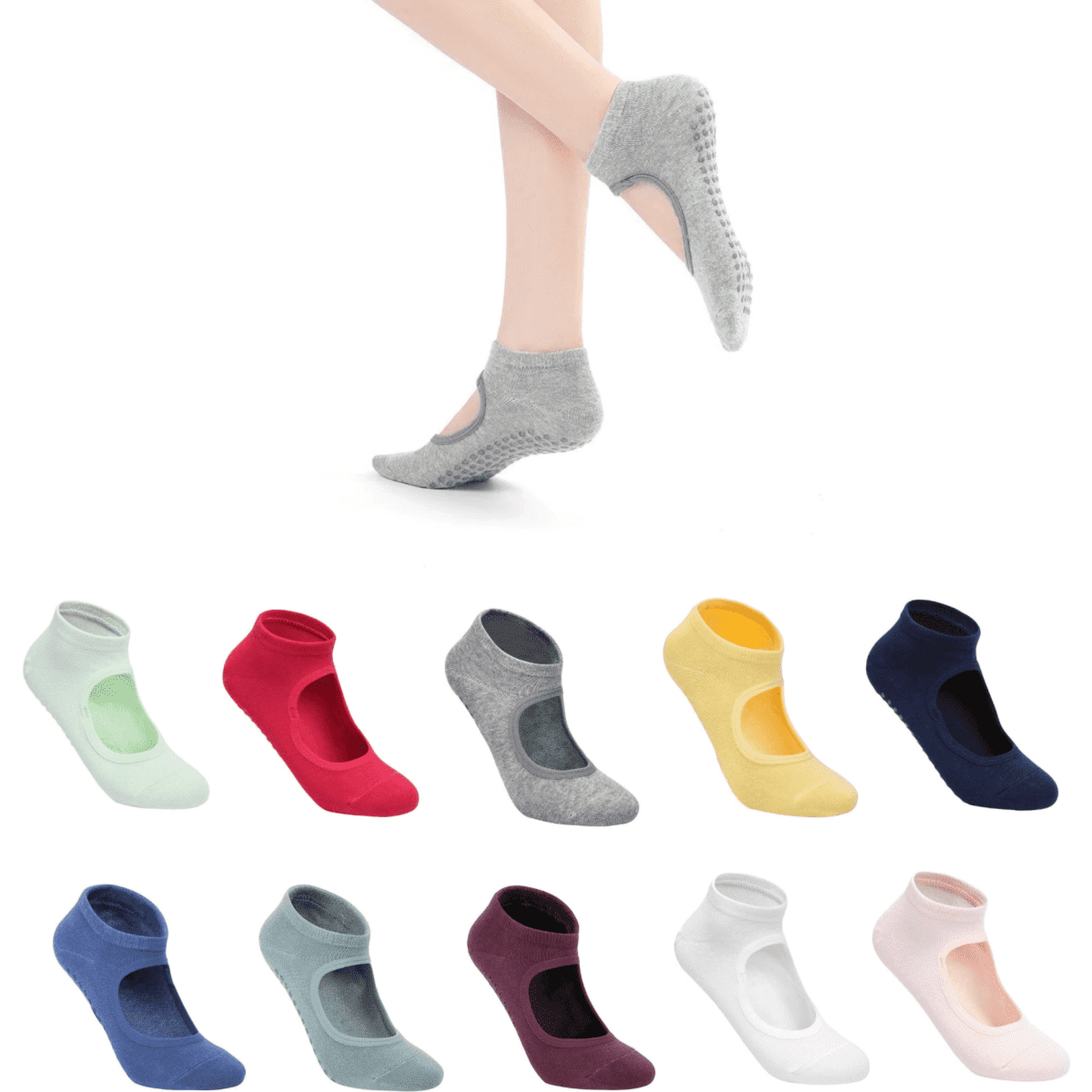A collection of open-top yoga socks in various colours including grey, pink, navy, and green, with a textured sole.