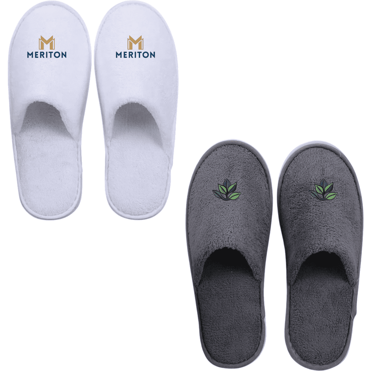 Two pairs of hotel slippers: one in white with a logo, the other in grey with a leaf design.