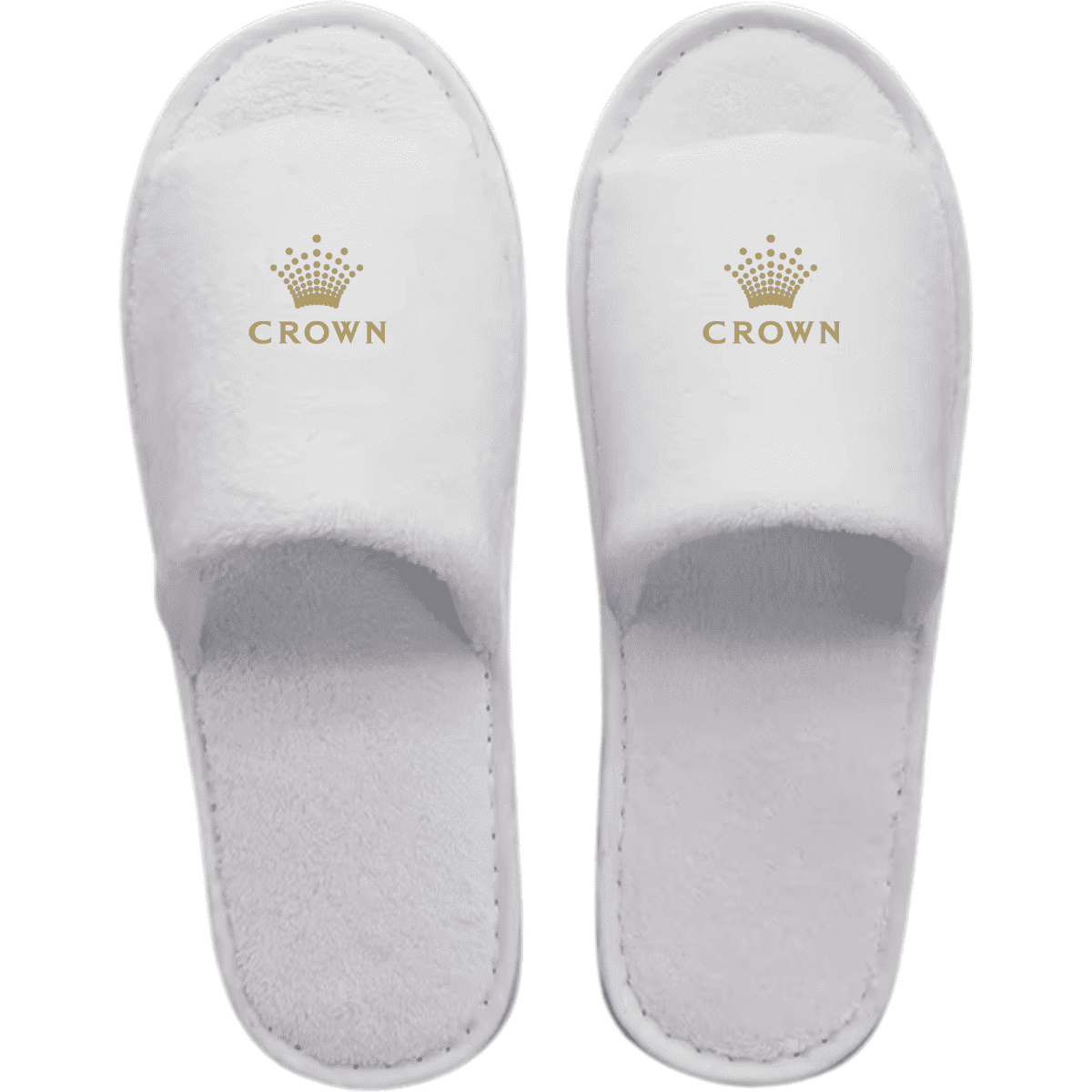 White open toe hotel slippers featuring a logo on the upper. Soft, plush material with a textured sole.