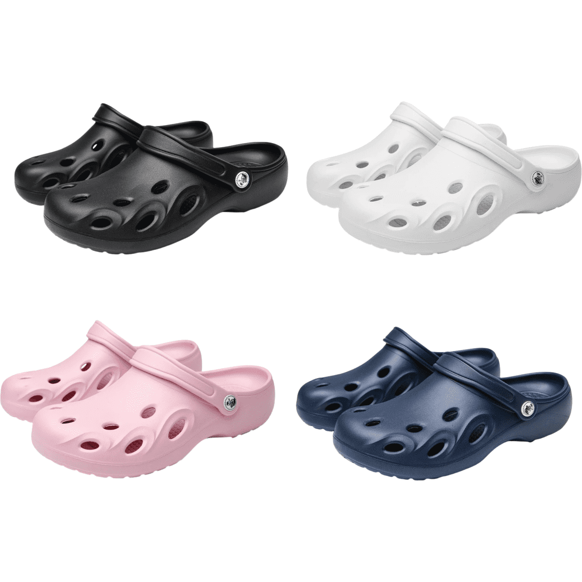A set of four pairs of clog slides in black, white, pink, and navy blue, featuring ventilation holes and a logo.