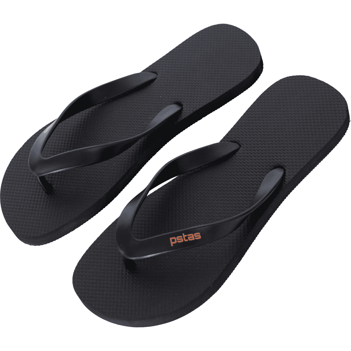 A pair of black rubber thongs with a textured sole and a logo on the strap.