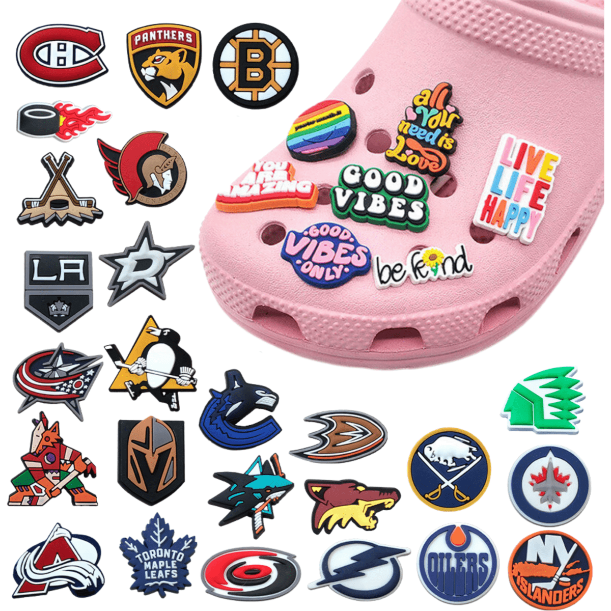 A pink shoe adorned with various colourful PVC charms, featuring different sports team logos and playful designs.