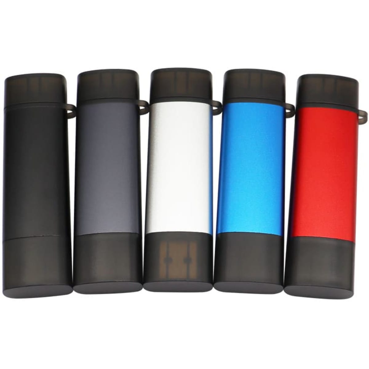 A set of five USB flash drives in black, grey, white, blue, and red, featuring a logo on each.