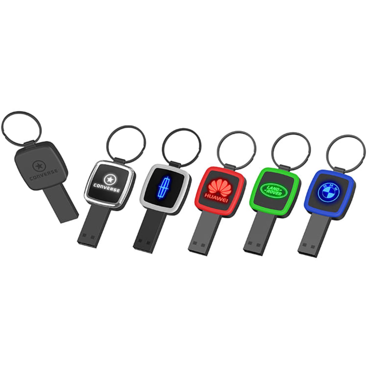 A set of six USB flash drives in various colours, each with a different logo and keychain attachment.