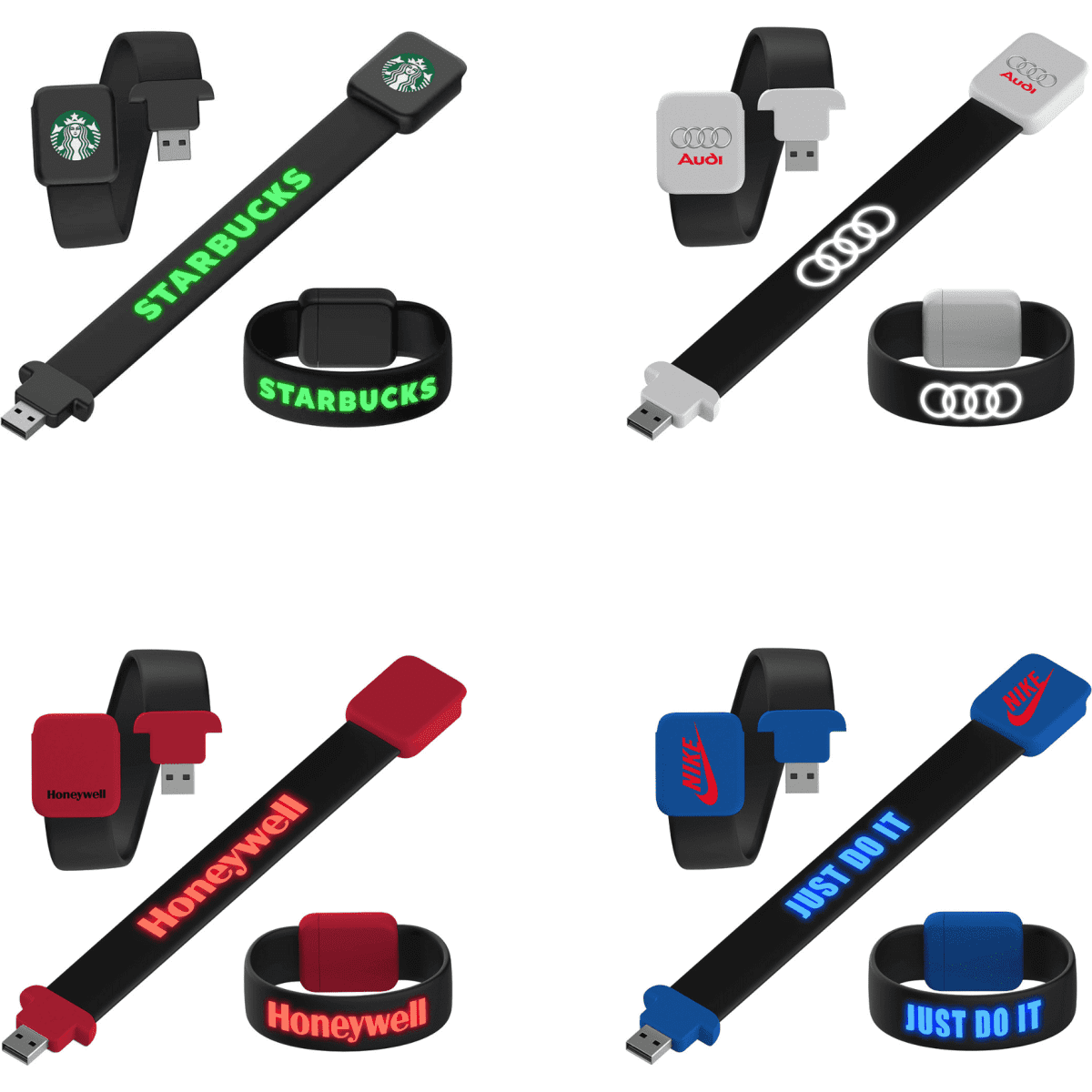 A set of USB flash drive bracelets in black, red, and grey, featuring various logos and brand names on different designs.
