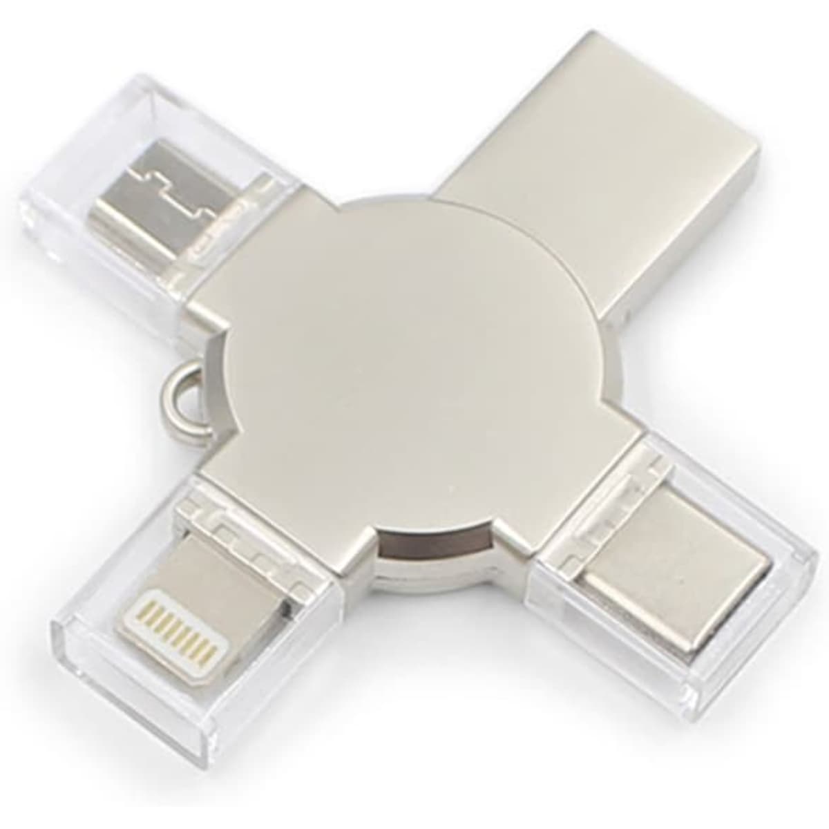 A silver 3-in-1 USB flash drive with multiple connectors, featuring a clear casing on the sides.