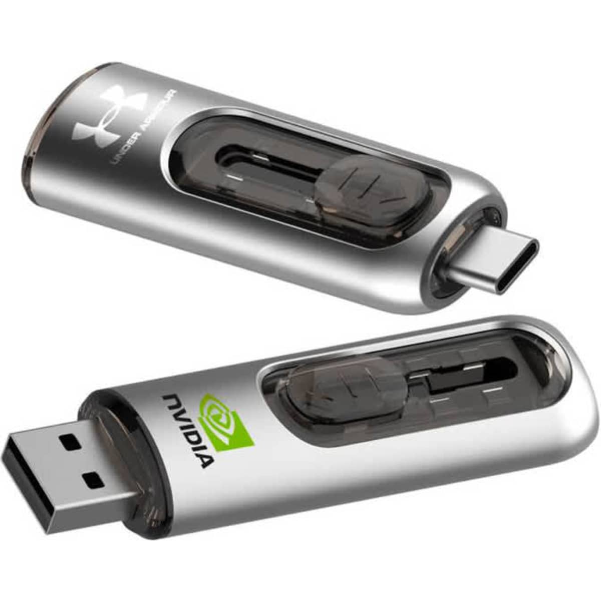 A silver 2-in-1 USB flash drive with a transparent casing and a branding logo. Features both USB and USB-C connectors.