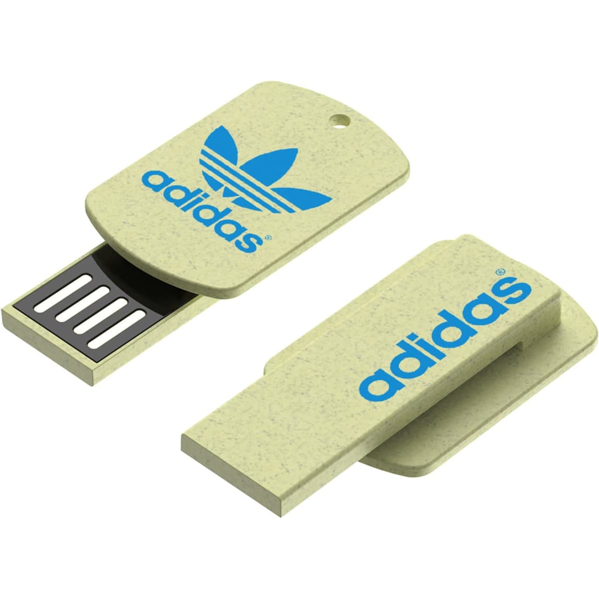 A natural straw USB flash drive in a pale green colour, featuring a logo on the front.