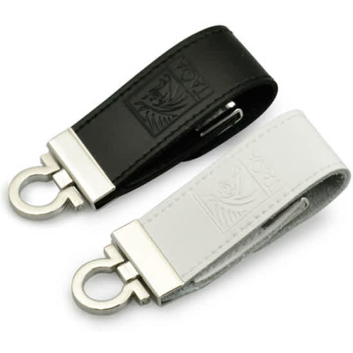 A black and a white seal leather USB flash drive with metal clips, featuring embossed designs.